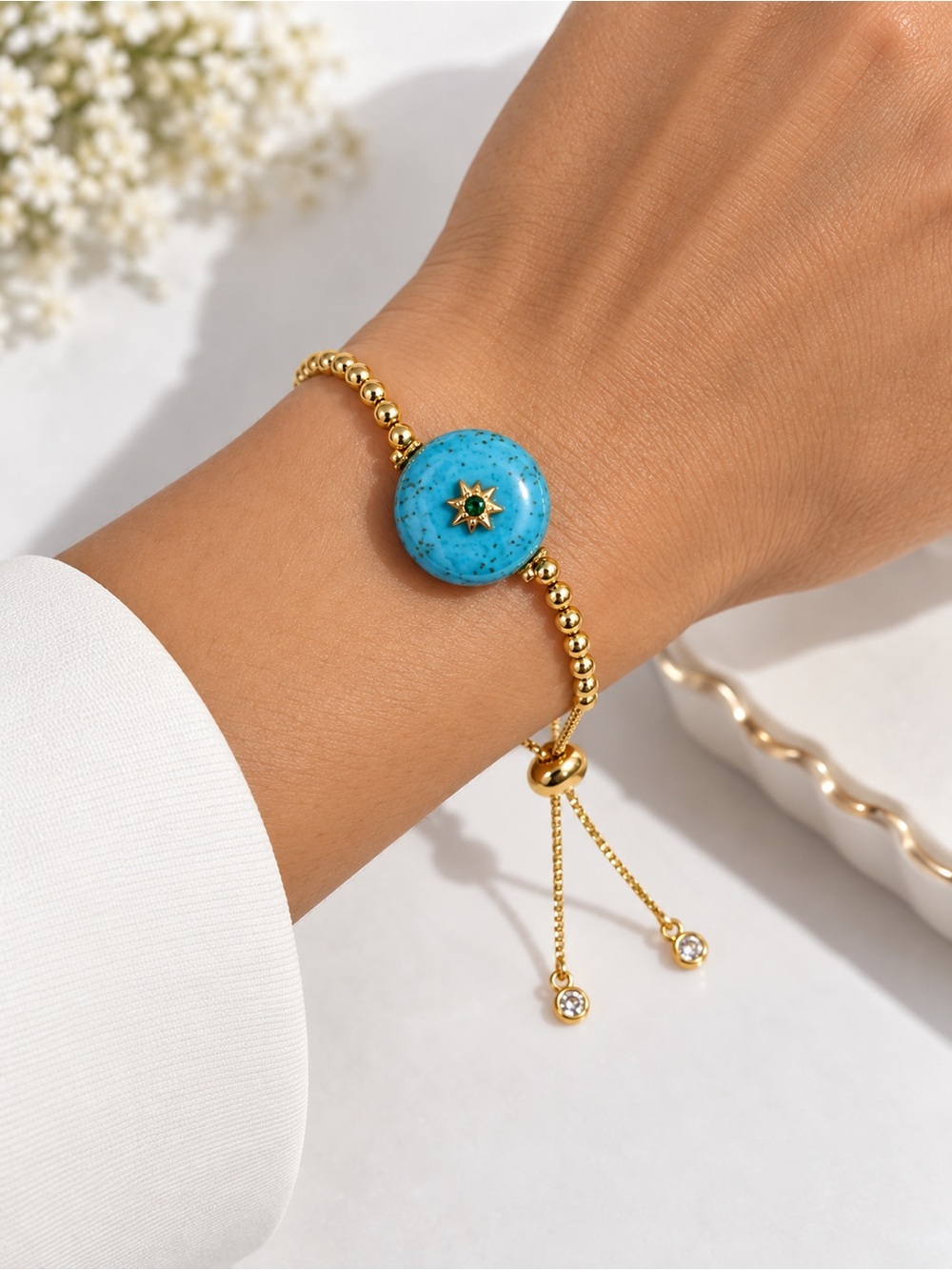 14k Gold Plated Beaded Bracelet with Turquoise Cabochon